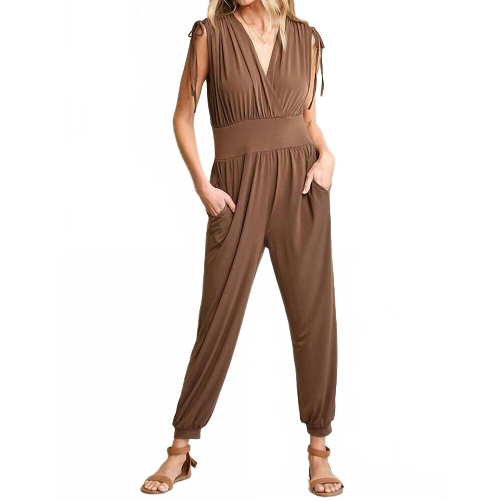 NEW BNS ruched drawstring detail jogger jumpsuit with pockets in chocolate